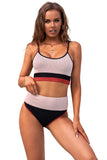 Apricot White/Black/Pink/Apricot Spaghetti Straps Colorblock Ribbed High Waist Bikini LC43339-18