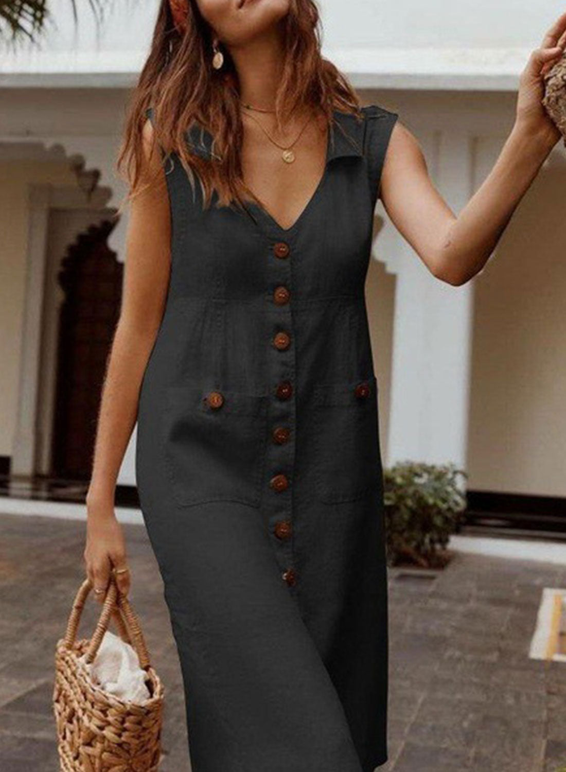 Black Women's Dresses Solid Button-up Midi Dress LC615724-2