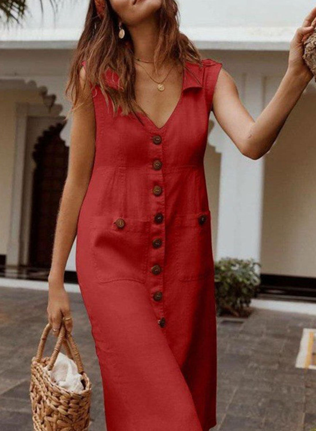 Red Women's Dresses Solid Button-up Midi Dress LC615724-3