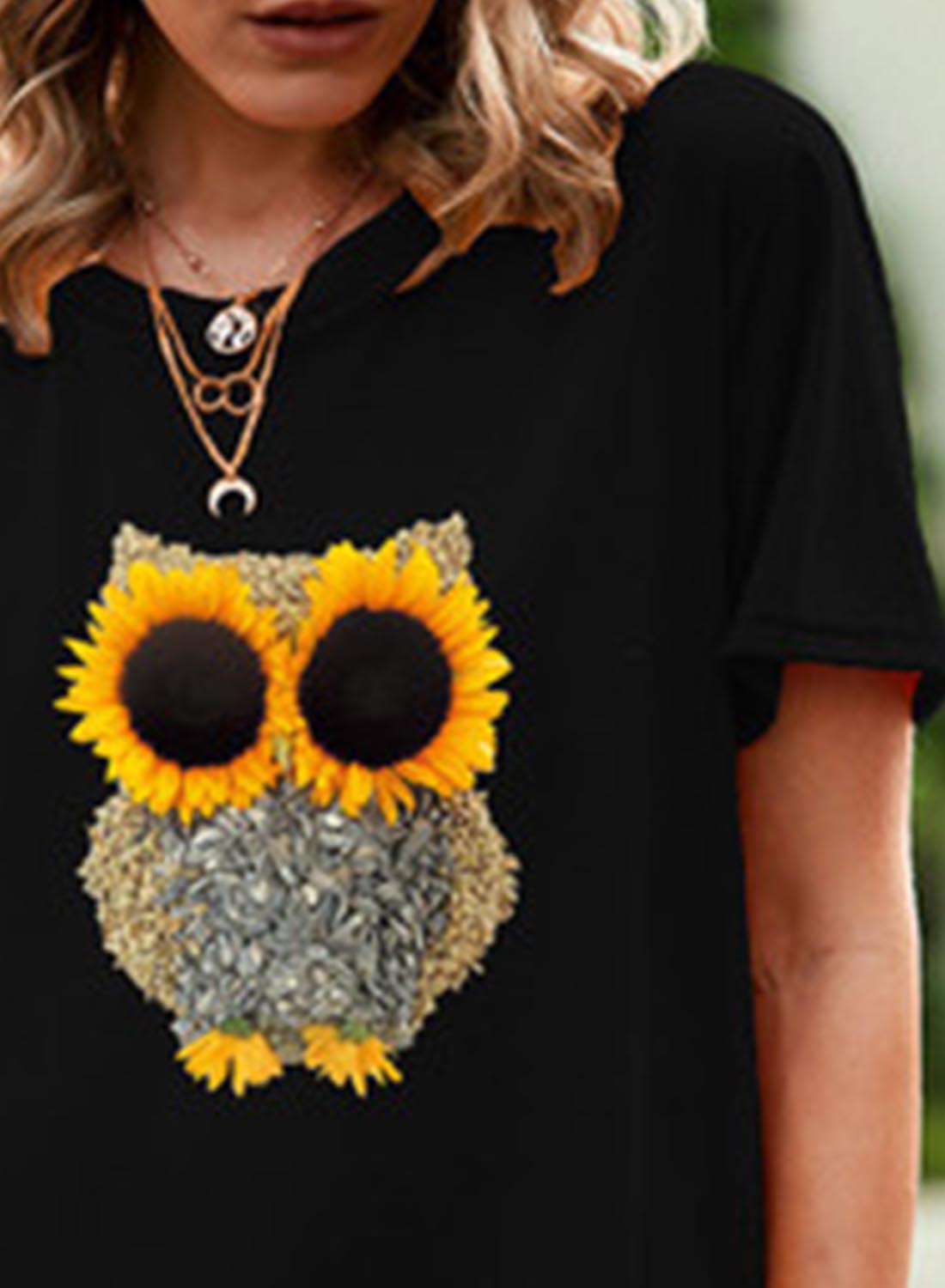 Black Women's T-shirts Owl Sunflower Print T-shirt LC2528508-2