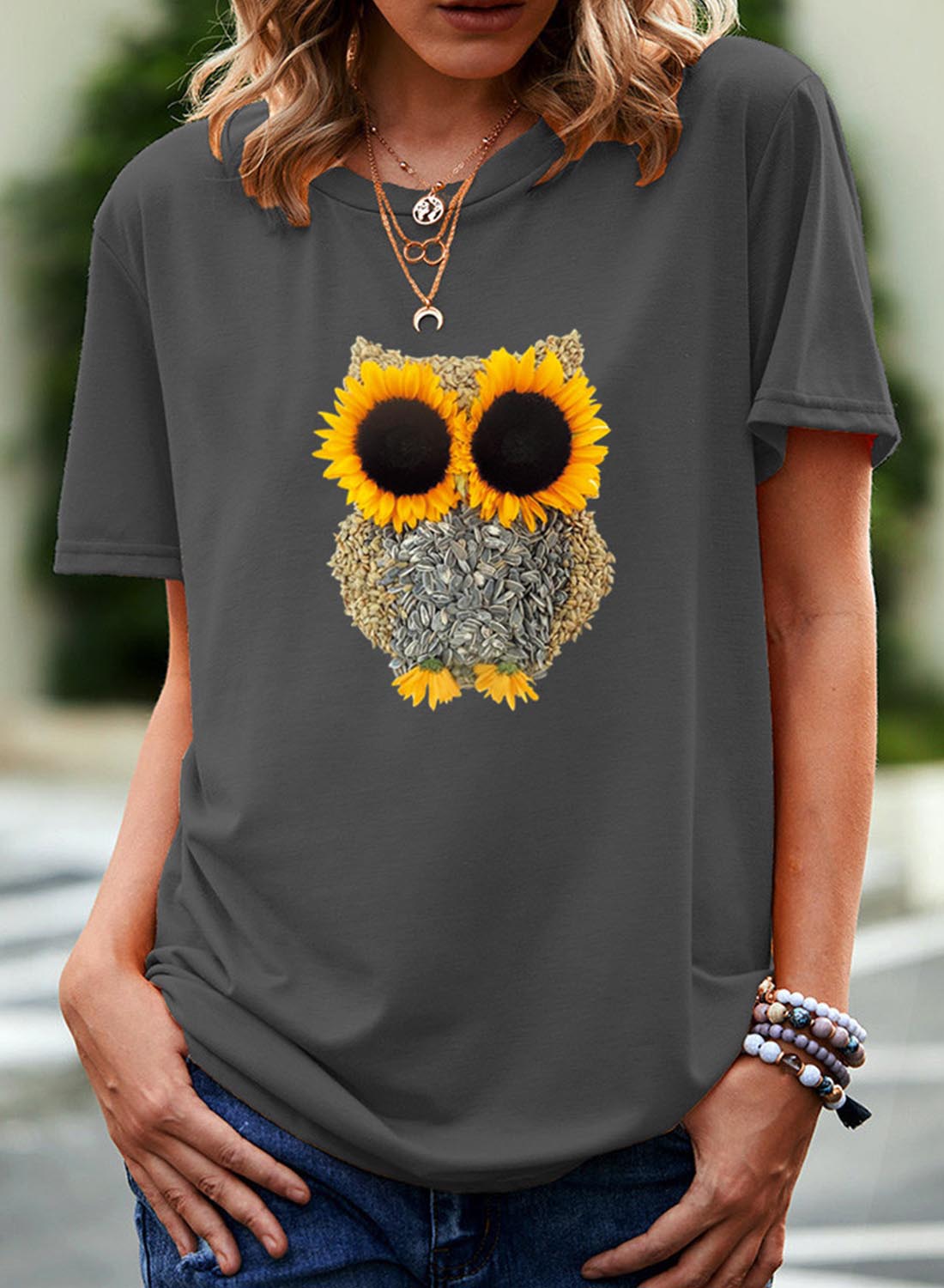 Gray Women's T-shirts Owl Sunflower Print T-shirt LC2528508-1011