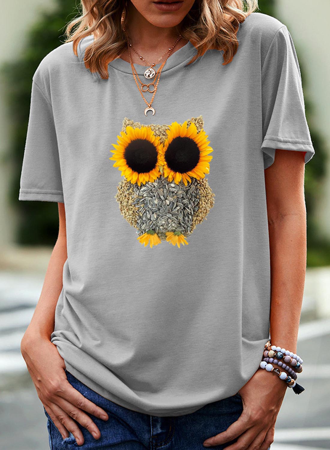 Gray Women's T-shirts Owl Sunflower Print T-shirt LC2528508-11