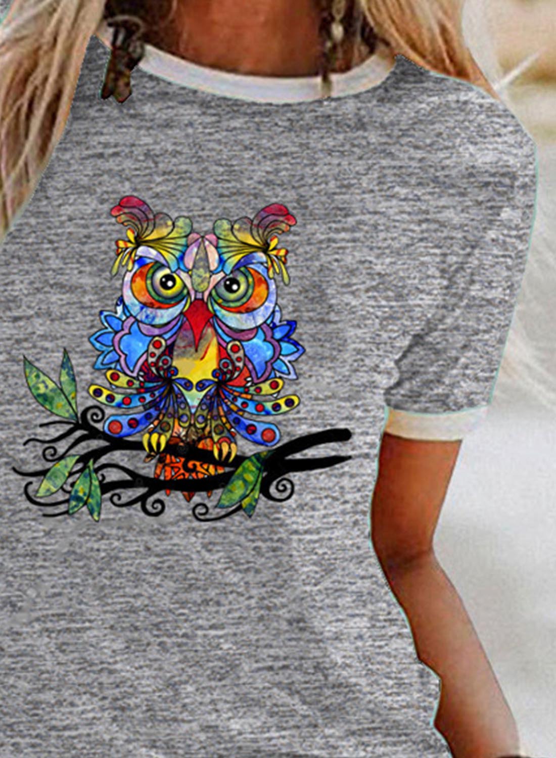 Gray Women's T-shirts Owl Print T-shirt LC2528509-11