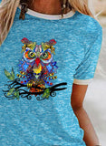 Sky Blue Women's T-shirts Owl Print T-shirt LC2528509-4