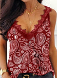 Red Women's Cami Tops Tribal Lace Trim Top LC2562979-3