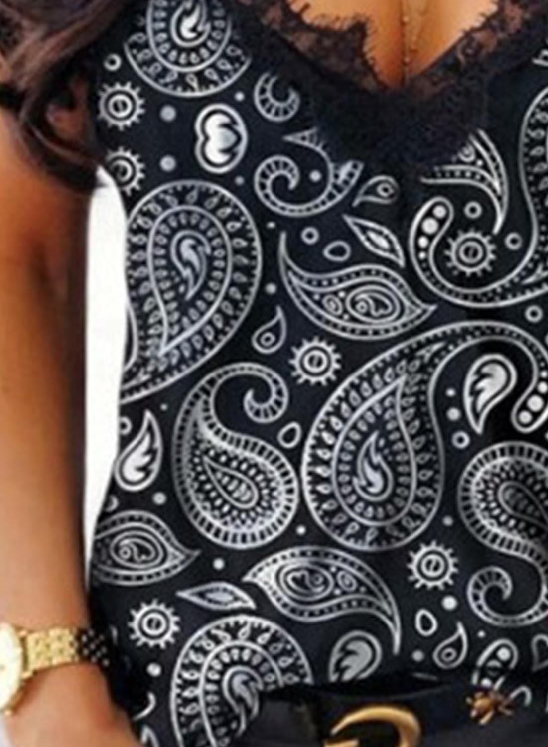 Black Women's Cami Tops Tribal Lace Trim Top LC2562979-2