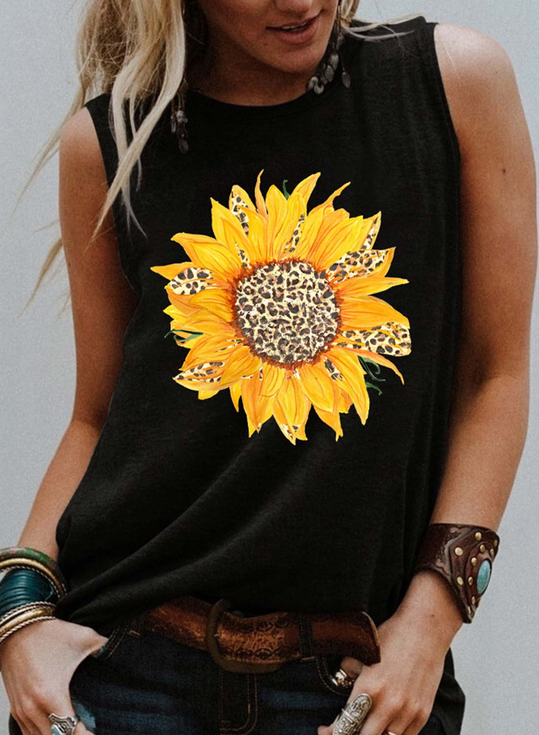 Black Women's Tank Tops Leopard Sunflower Print Top LC2563041-2