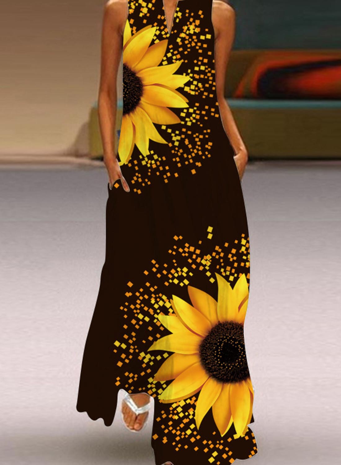 Black Women's Dresses Sunflower Floral Maxi Dress LC615856-2