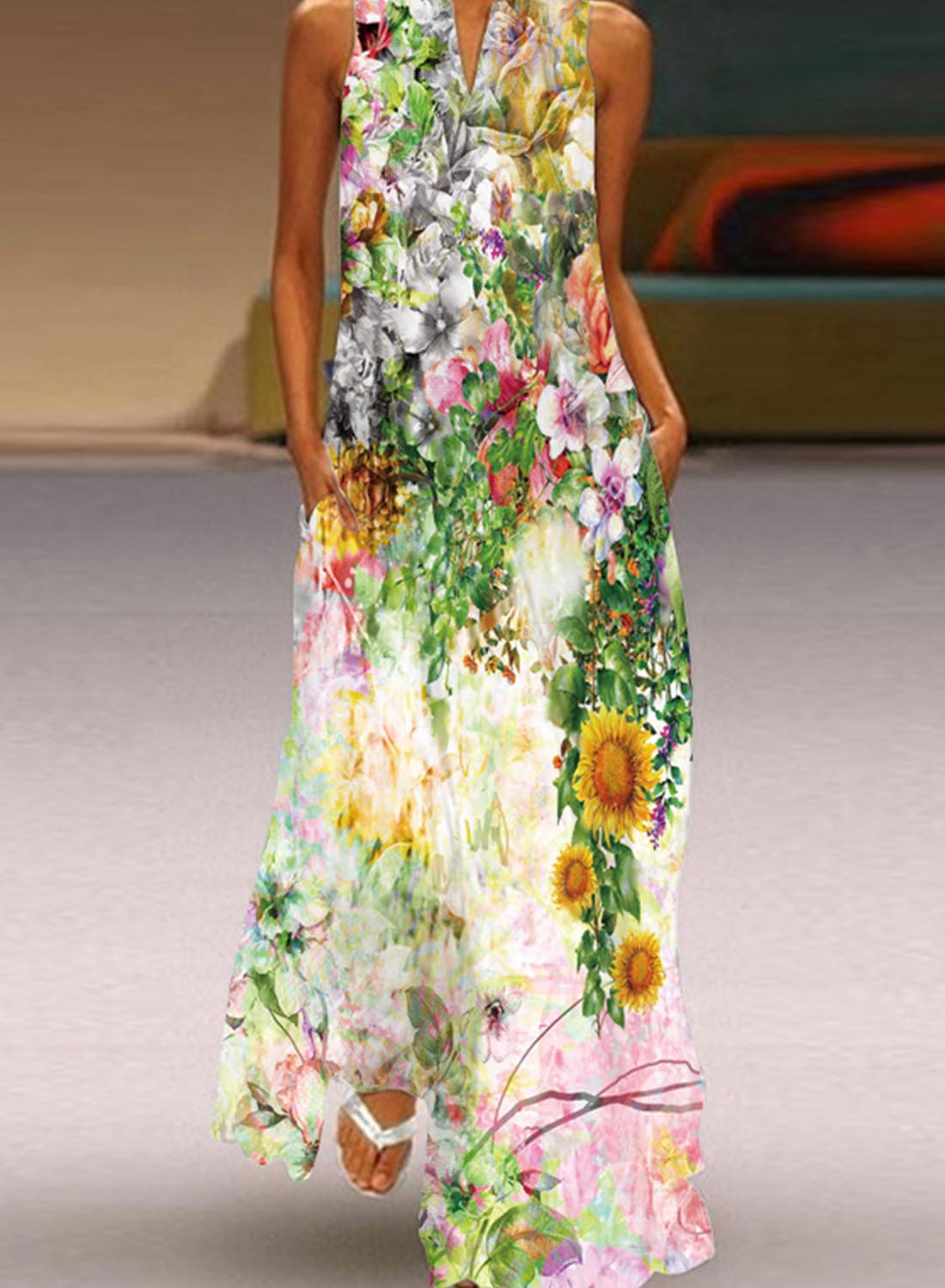 Multicolor Women's Dresses Sunflower Floral Maxi Dress LC615856-22