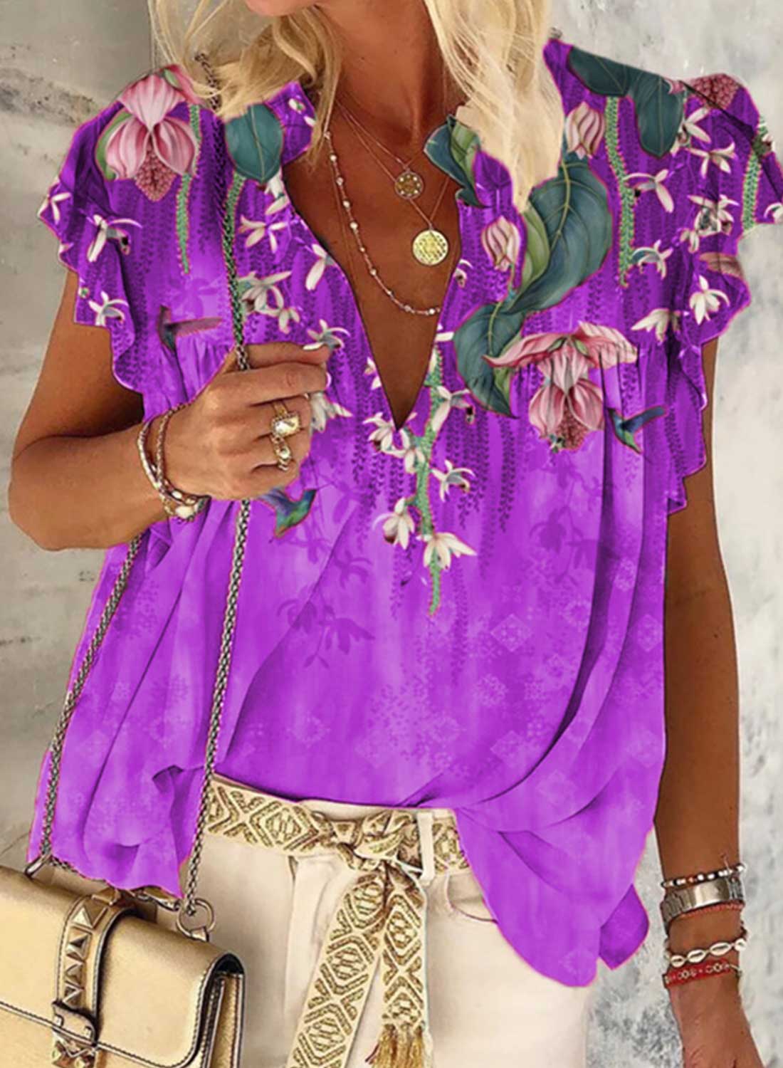 Purple Women's Floral Ruffle Sleeve Bird Print Blouse LC2518682-8