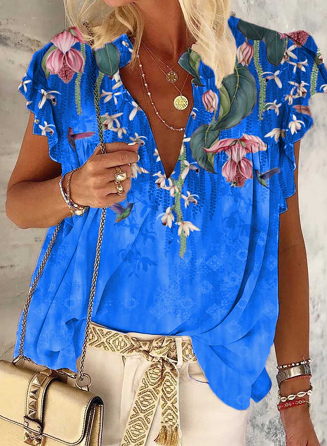 Blue Women's Floral Ruffle Sleeve Bird Print Blouse LC2518682-5