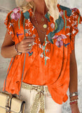 Orange Women's Floral Ruffle Sleeve Bird Print Blouse LC2518682-14