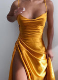 Yellow Women's Dresses Satin Drawstring Split Mini Dress LC227939-7