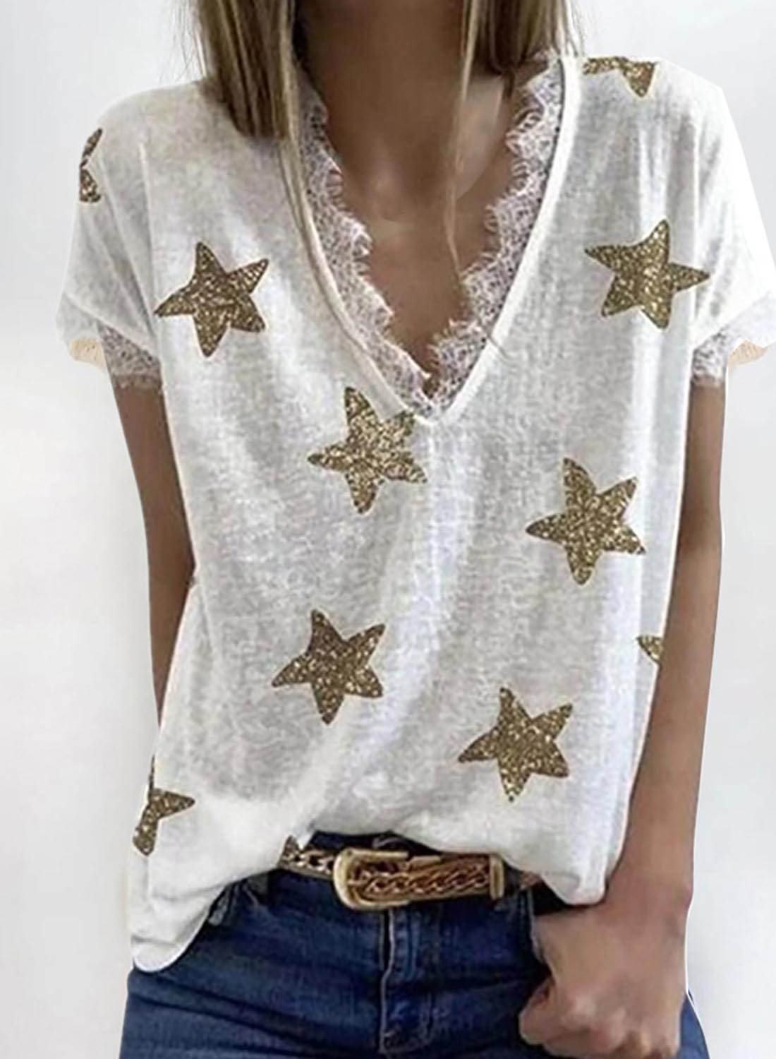 White Women's T-shirts Star Print Lace Trim T-shirt LC2529015-1