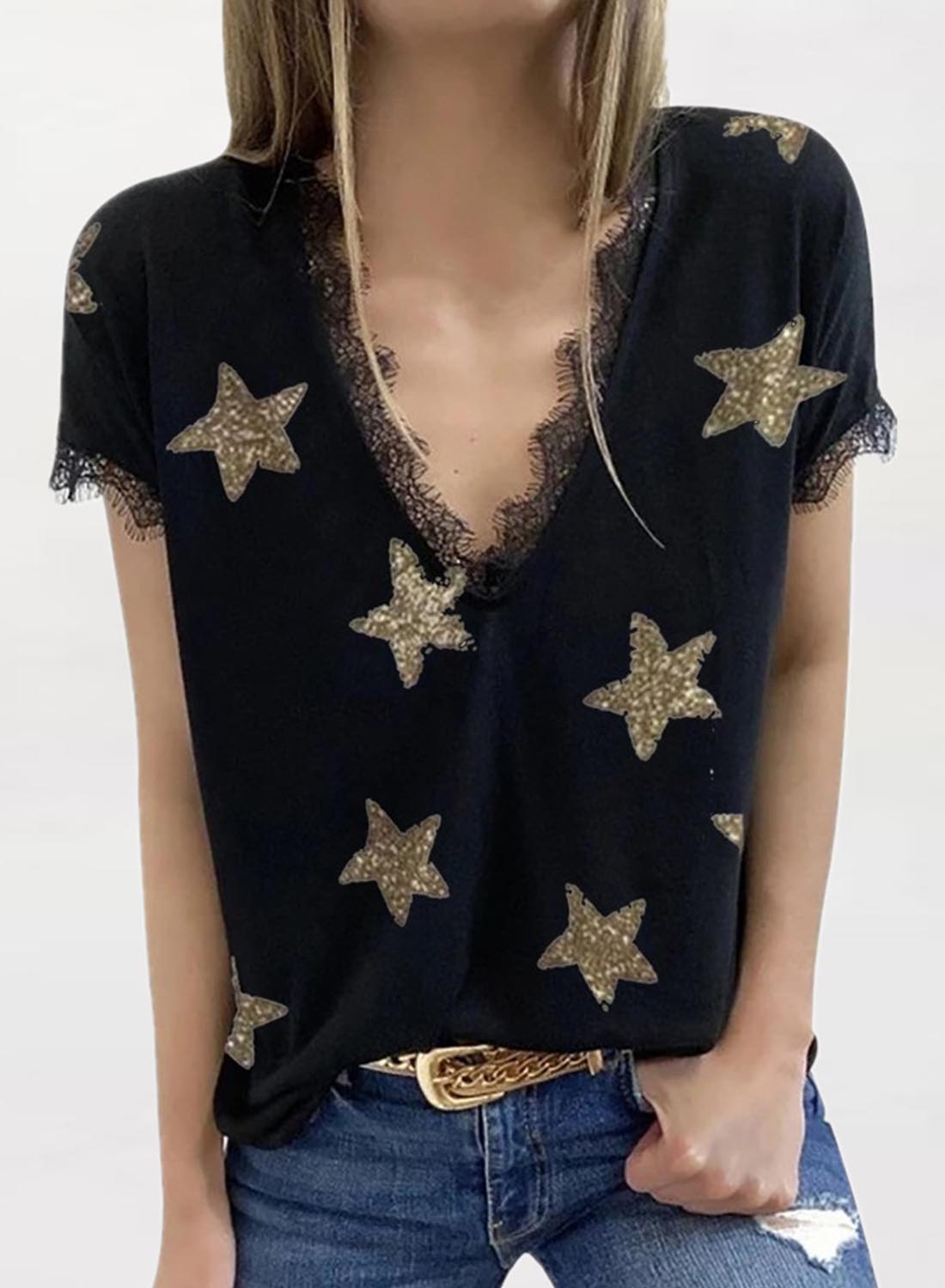 Black Women's T-shirts Star Print Lace Trim T-shirt LC2529015-2