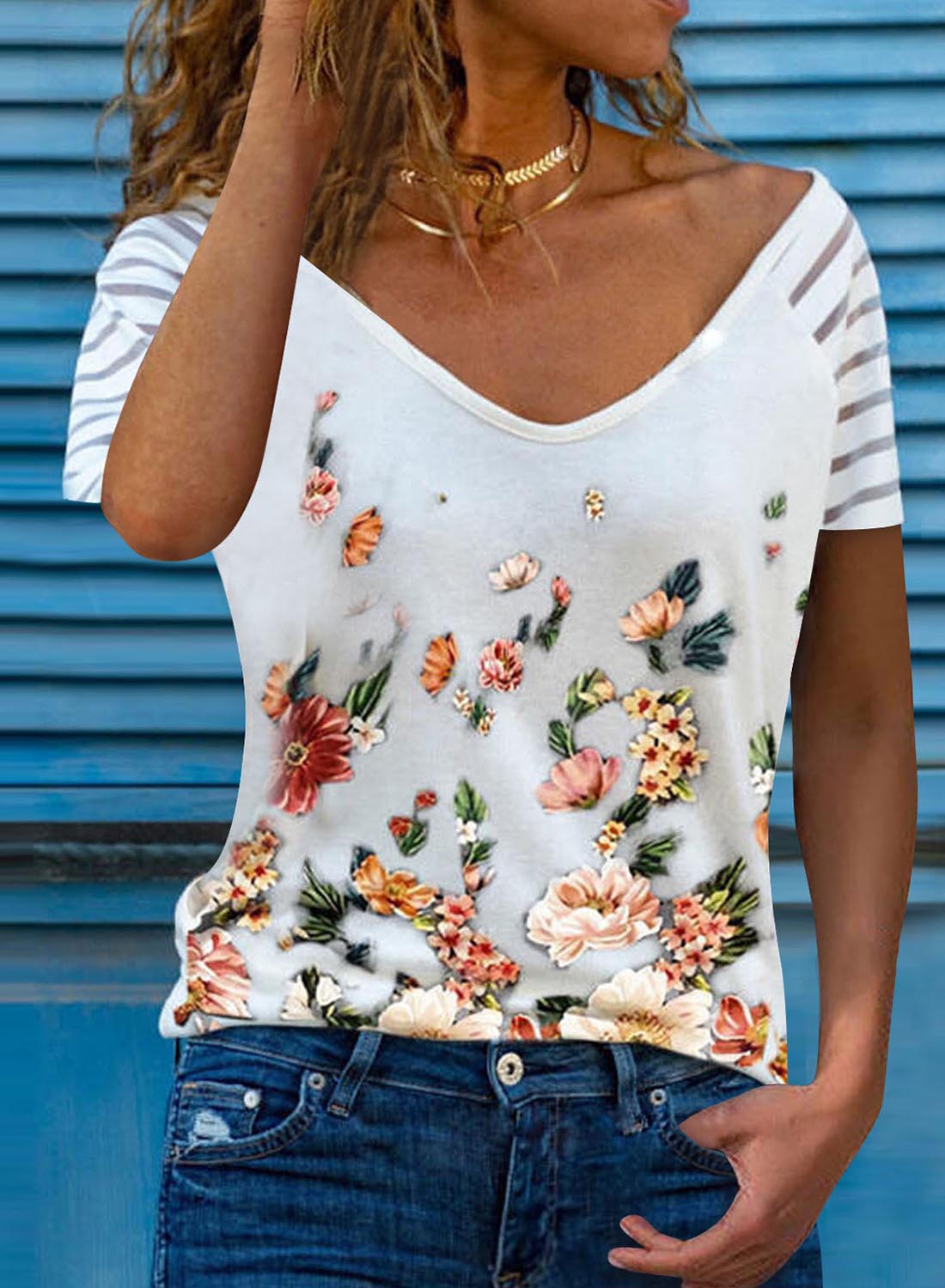 White Women's T-shirts Floral Print T-shirt LC2529083-1