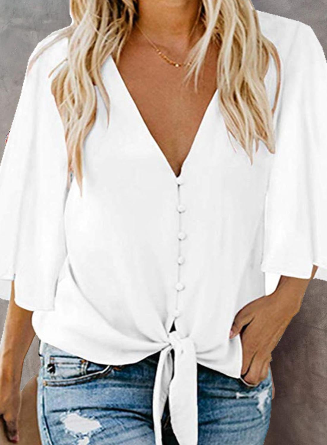 White Women's Blouses Ruffle Front Knot Blouse LC2551507-1