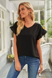 Black White/Black/Green/Pink V Neck Ruffle Short Sleeve T-shirt LC2522637-2
