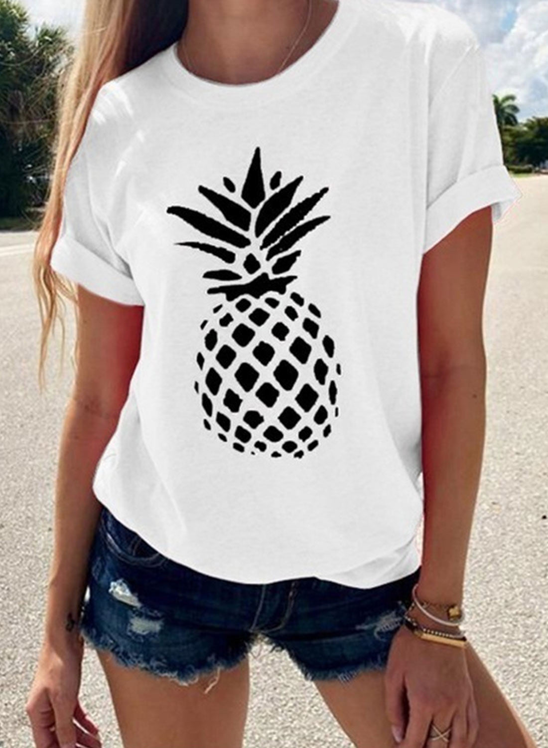 White Women's T-shirts Pineapple Print T-shirt LC2529105-1