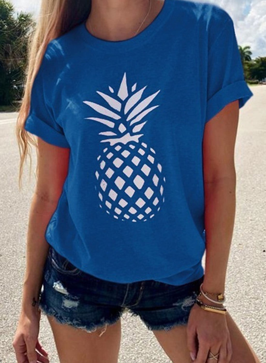 Blue Women's T-shirts Pineapple Print T-shirt LC2529105-5