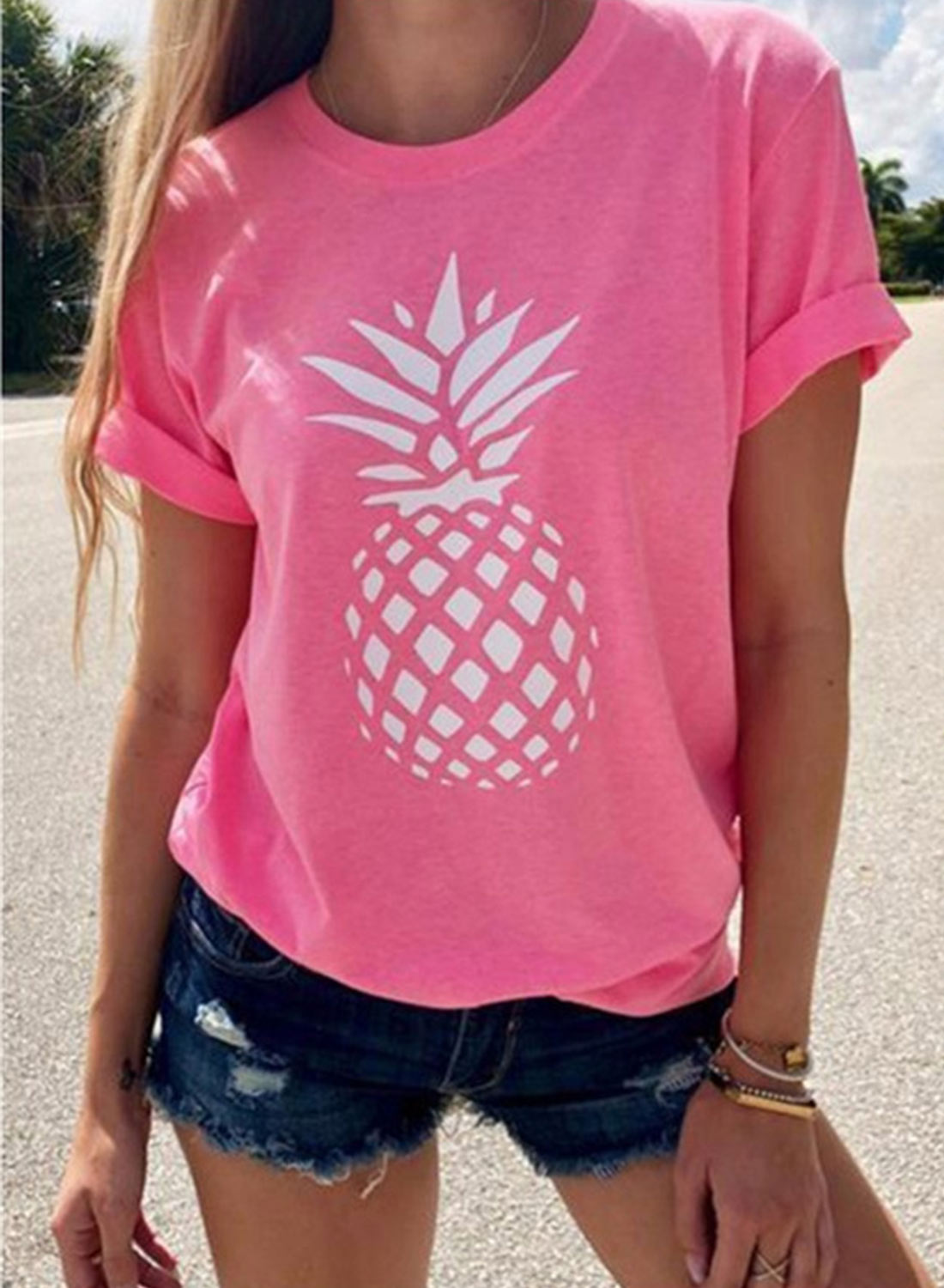 Pink Women's T-shirts Pineapple Print T-shirt LC2529105-10