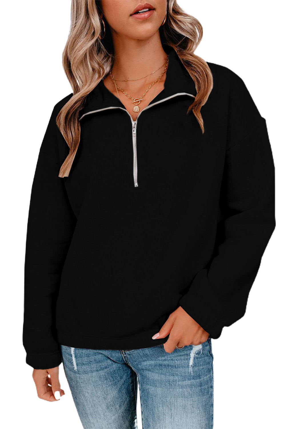 Black Black/Red/Pink/Gray/Brown Zipped Collar Sweatshirt LC2537889-2
