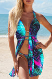 Blue Blue/Purple Abstract Print 3pcs Swimsuit with Cover Up Stripe Print 3pcs Swimsuit with Cover Up LC43711-5