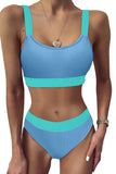 Sky Blue Blue/Rose/Green Color Block Ribbed Bikini Swimwear LC431354-4
