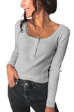 Women Gray Lace Knitted Buttoned Long Sleeve Sweater