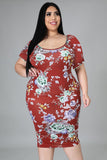 Red Black/Red Plus Size Floral Short Sleeve Slim Fit Midi Dress LC613569-3