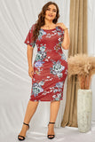 Red Black/Red Plus Size Floral Short Sleeve Slim Fit Midi Dress LC613569-3