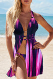 Purple Blue/Purple Abstract Print 3pcs Swimsuit with Cover Up Stripe Print 3pcs Swimsuit with Cover Up LC43711-8