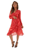 Red Long Sleeve Surplice V Neck Printed Midi Dress with Sash LC229735-3
