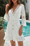 White White Surplice V Neck Lace Trim A-line Ruffle Dress with Belt LC229747-1