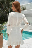 White White Surplice V Neck Lace Trim A-line Ruffle Dress with Belt LC229747-1