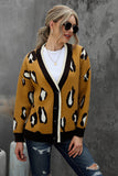 Khaki Leopard Buttoned Open Front Knitted Sweater LC271378-16