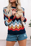 Women's Zigzag Striped Round Neck Pullover Sweater