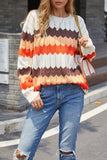 Women Waved Stripes Round Neck Pointelle Pullover Sweater