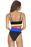Blue White/Black/Pink/Apricot Spaghetti Straps Colorblock Ribbed High Waist Bikini LC43339-5