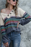 Maglione pullover lavorato a maglia sciolto con scollo a V a righe colorate da donna