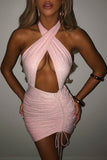 Pink Pink/Apricot Halter Neck Crossed Front Hollow-out Cocktail Mini Dress LC229840-10