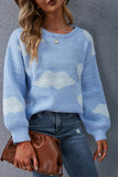 Women's Skyblue Cow Print Sweater Crew Neck Puff Sleeve Drop Shoulder Pullovers