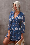 Blue White/Sky Blue/Green Ruffle Detailing Open Back Floral Dress LC220829-105