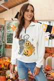 Autumn Cat Pumpkin Print Collared Pullover Sweatshirt