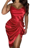 Red Red Spaghetti Straps Silk Like Ruched Mini Dress LC229903-3