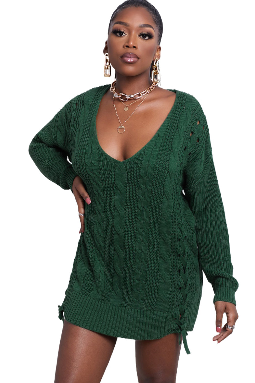 Green Women's Winter Casual Long Sleeve Solid Color Tie bow V Neck Cable Knit Sweater Drop Shoulder Tops LC27994-9