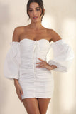 White White/Black Off The Shoulder Bubble Sleeve Ruched Bodycon Mini Dress LC229977-1