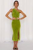 Green Green/Brown Velvet One Shoulder Sleeveless Cut out Sheath Midi Dress LC618027-9