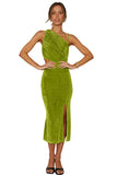 Green Green/Brown Velvet One Shoulder Sleeveless Cut out Sheath Midi Dress LC618027-9
