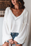 Women's V Neck Drop Sleeve Relaxed Waffle Knit Pullover Sweater